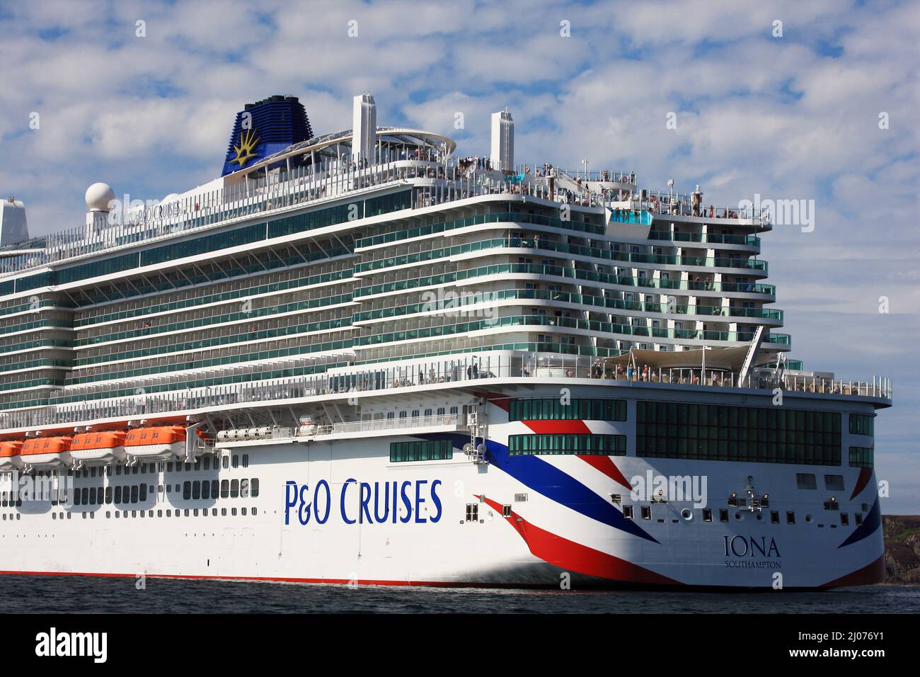 P & O Cruises, cruise liner, Iona,  on its maiden voyage berthed off its namesake Isle of Iona in the inner Hebrides of Scotland Stock Photo