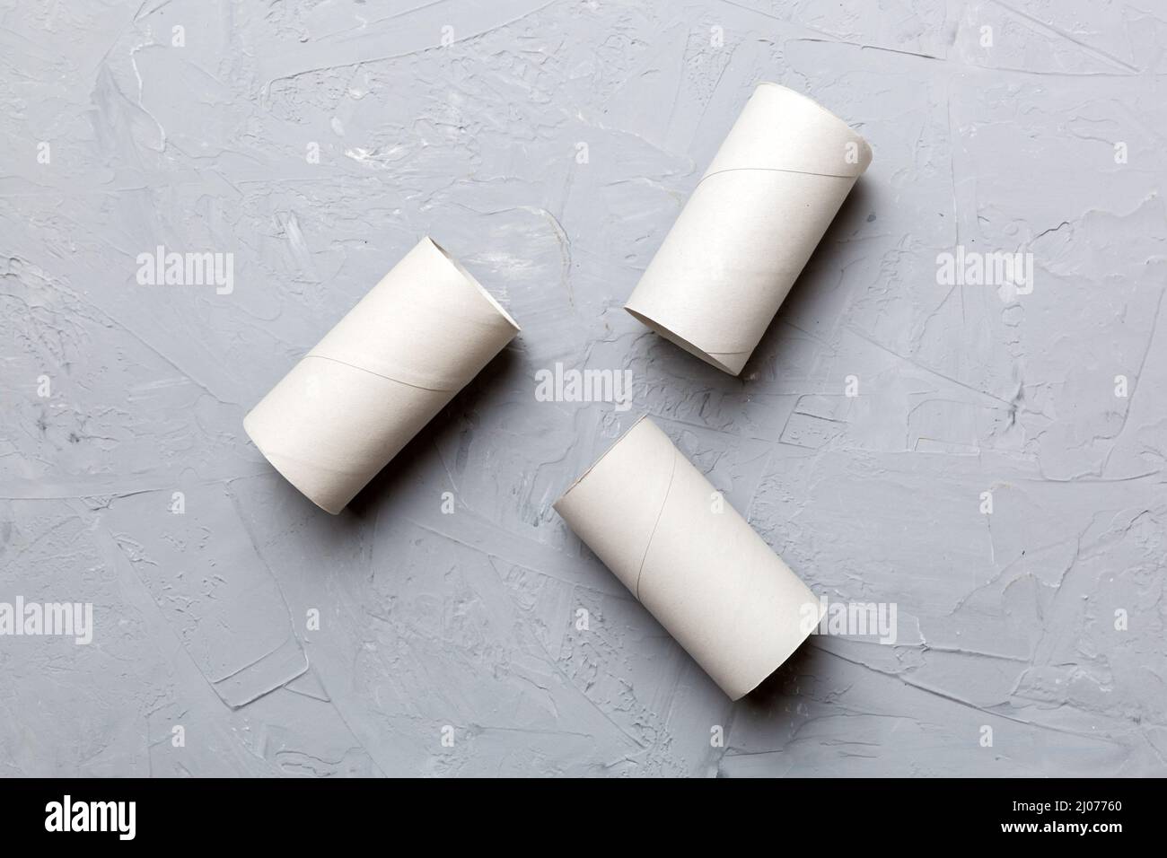 Flat lay composition with empty toilet paper rolls and space for text