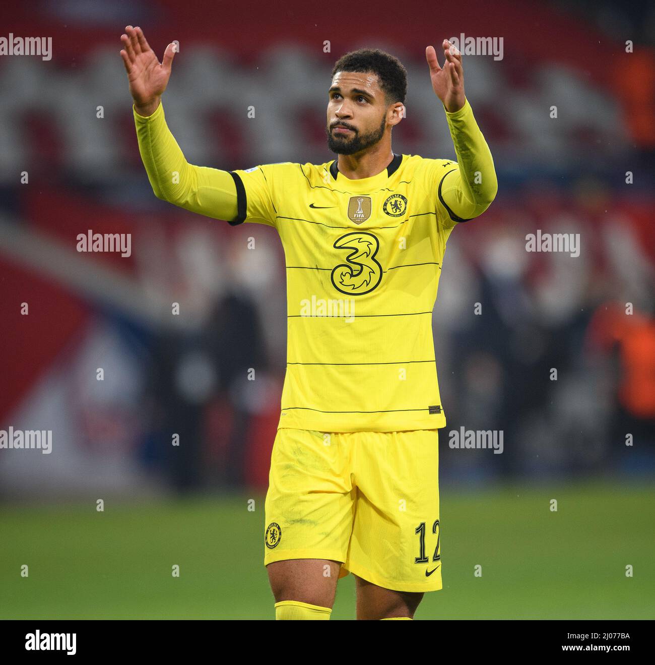 London, UK. 16th Mar, 2022. 16 March 2022 - Lille v Chelsea - UEFA Champions League - Round of Sixteen - Second Leg - Stade Pierre-Mauroy Ruben Loftus-Cheek applauds the travelling Chelsea fans after the Champions League match against Lille. Picture Credit : Credit: Mark Pain/Alamy Live News Stock Photo