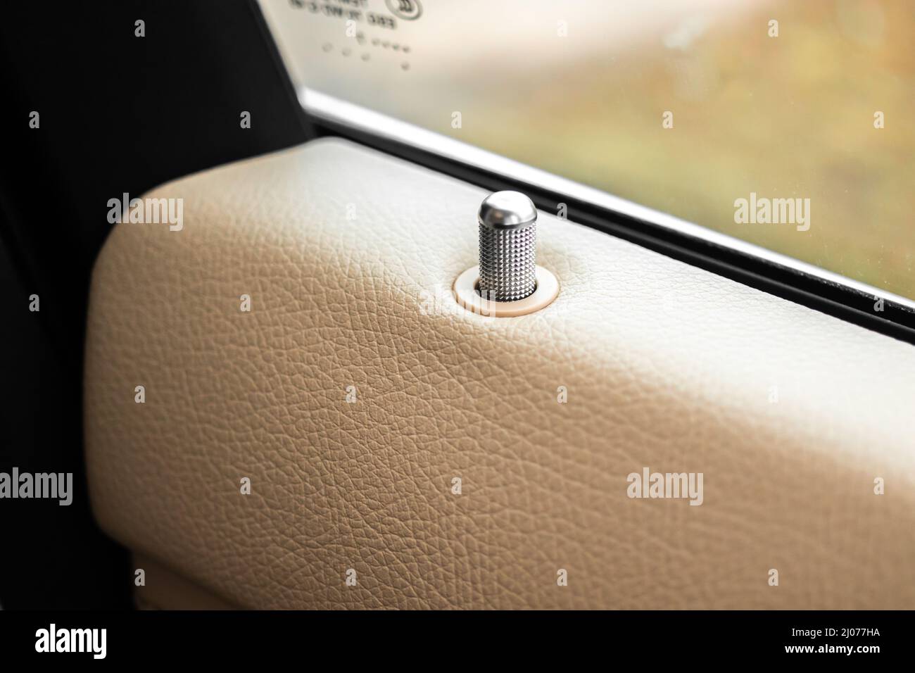 Automatic door locks, car door lock button pin inside luxury car closeup view photo Stock Photo