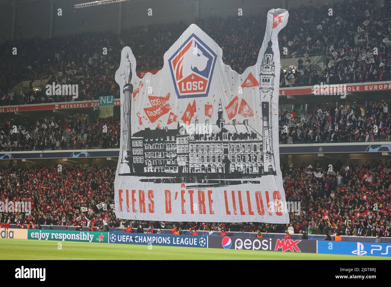 Tifo Losc during the UEFA Champions League, Round of 16, 2nd leg football match between LOSC Lille and Chelsea on March 16, 2022 at Pierre Mauroy stadium in Villeneuve-d'Ascq, France - Photo: Laurent Sanson/DPPI/LiveMedia Stock Photo