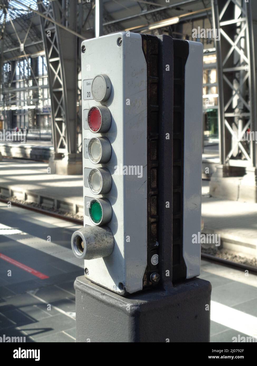 A train dispatching column on a platform at Frankfurt Central Station. Stock Photo