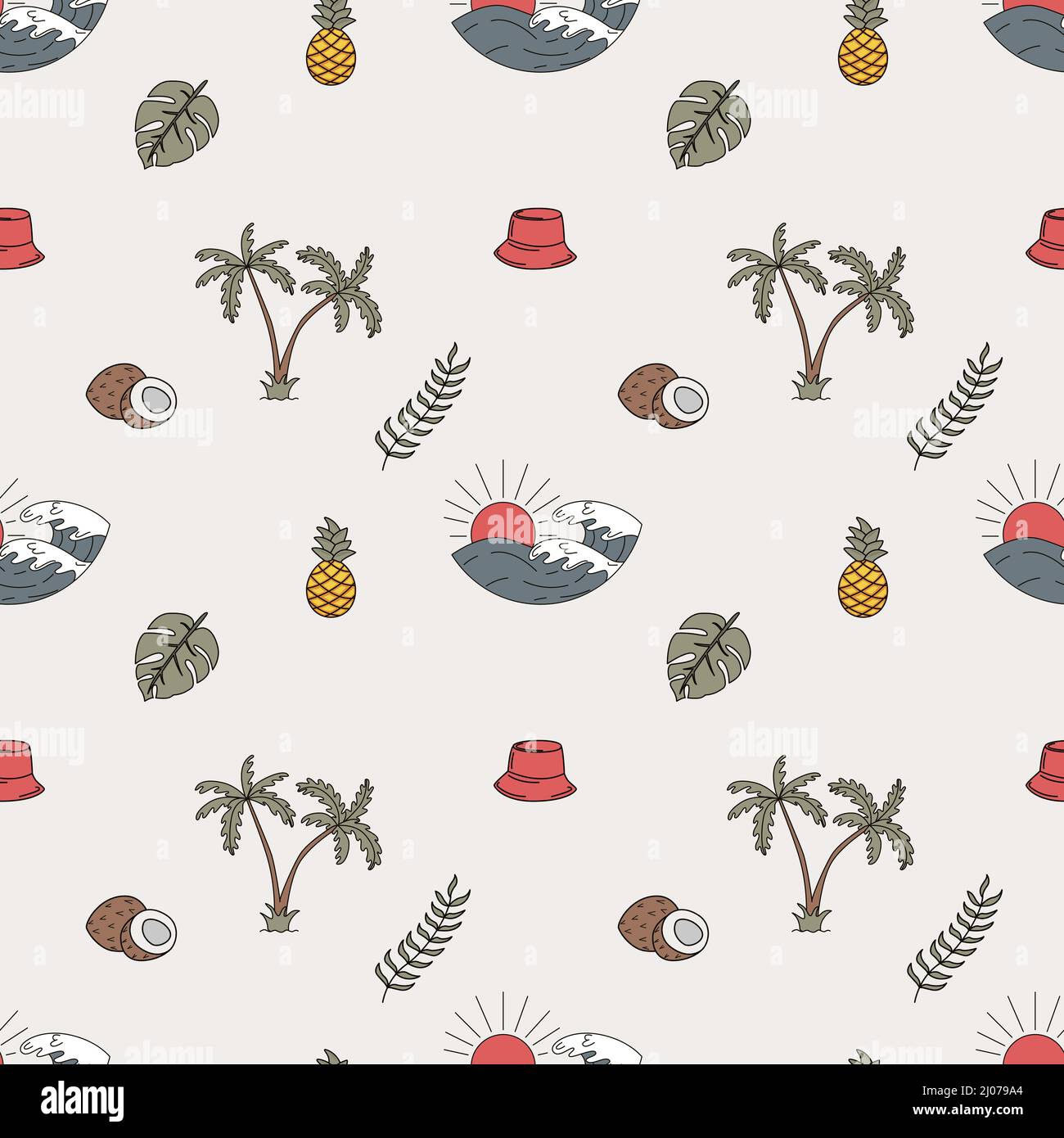 Hand drawn vector seamless pattern. Waves, palm trees, pineapples, leaves and coconuts. Stock Vector