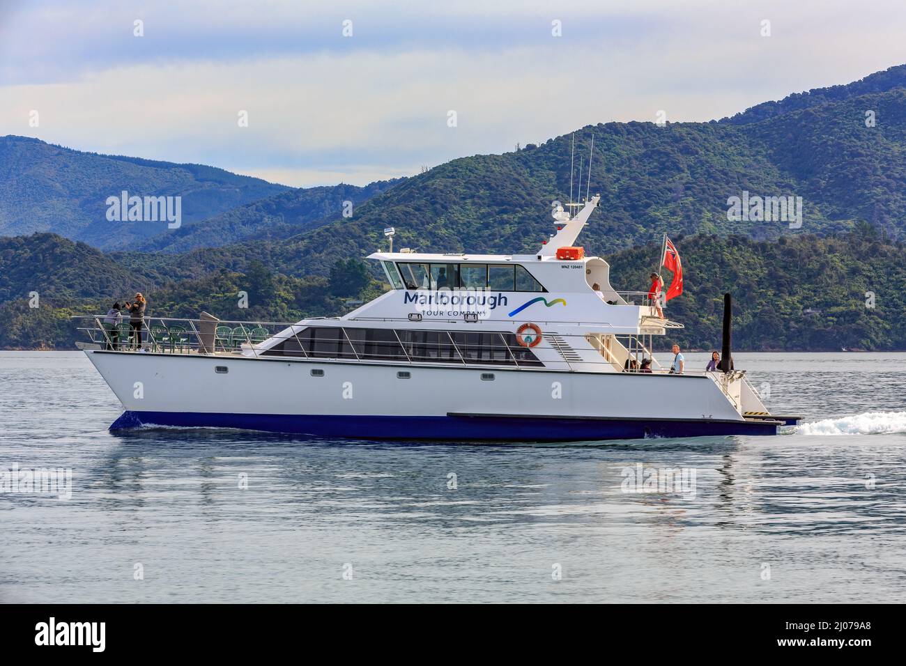 A Marlborough Tour Company boat on the waters of Queen Charlotte Sound, Marlborough Sounds, New Zealand Stock Photo