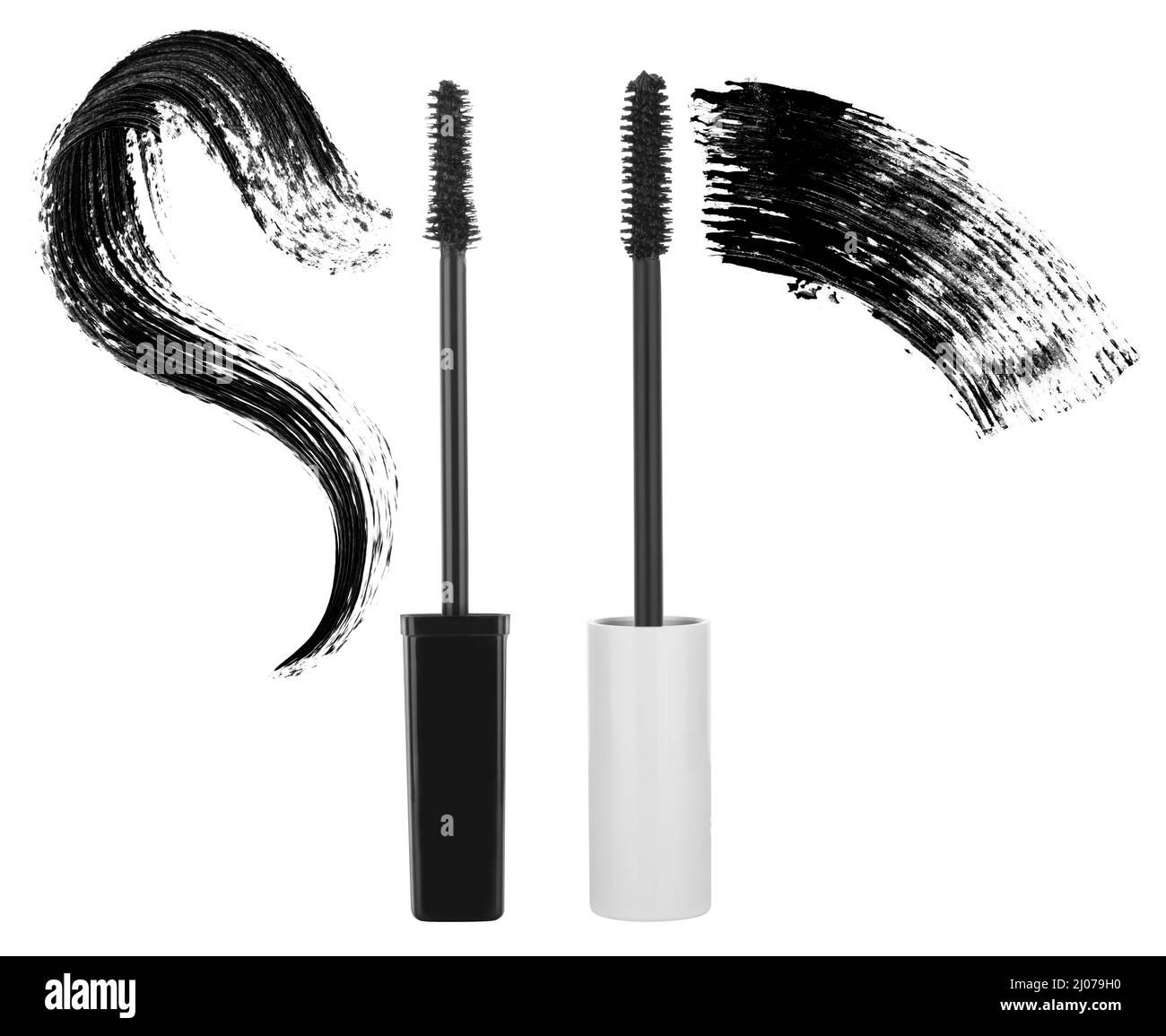 Two black and white mascara brushes with mascara strokes isolated on
