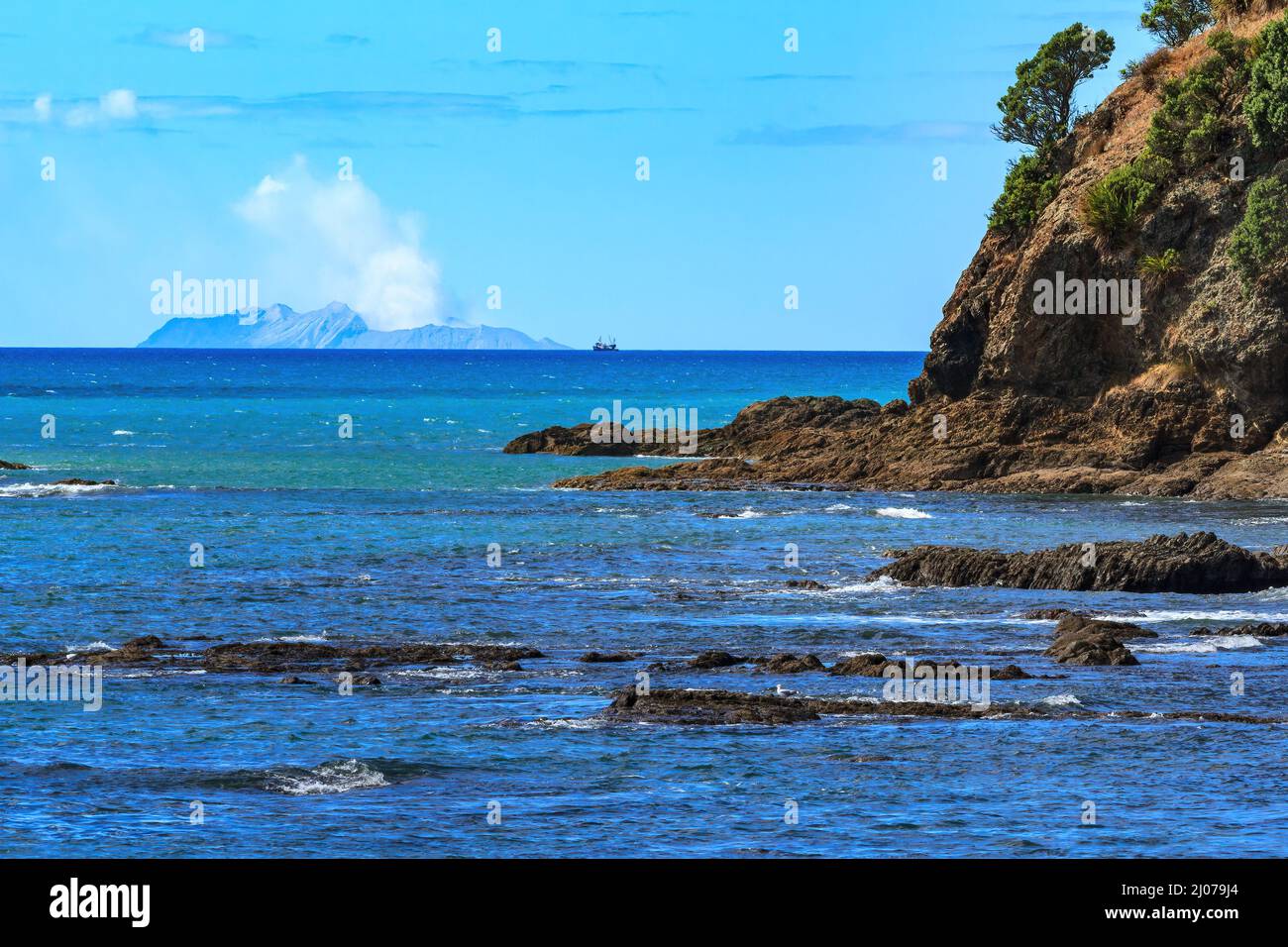 White Island, an active volcano off the coast of New Zealand, seen from the coast at Whakatane