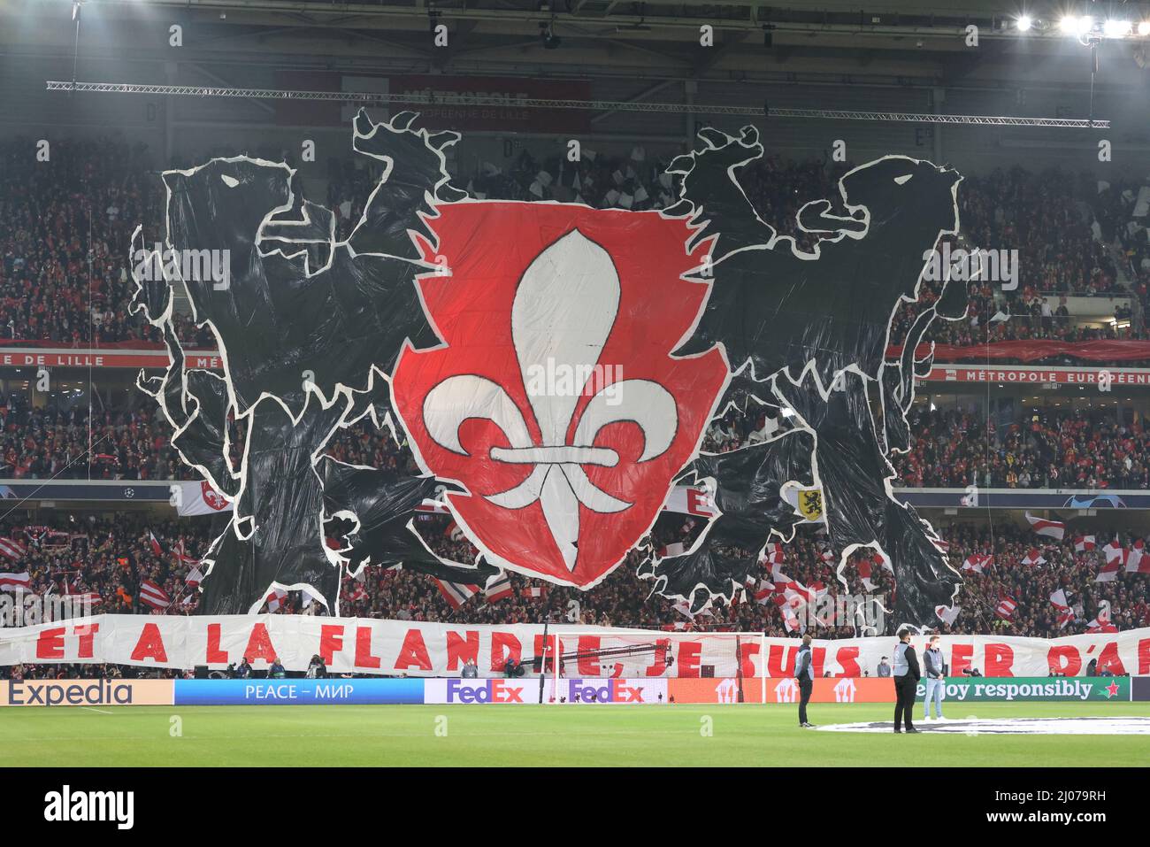 Tifo supporters Losc during the UEFA Champions League, Round of 16, 2nd leg football match between LOSC Lille and Chelsea on March 16, 2022 at Pierre Mauroy stadium in Villeneuve-d'Ascq, France - Photo: Laurent Sanson/DPPI/LiveMedia Stock Photo