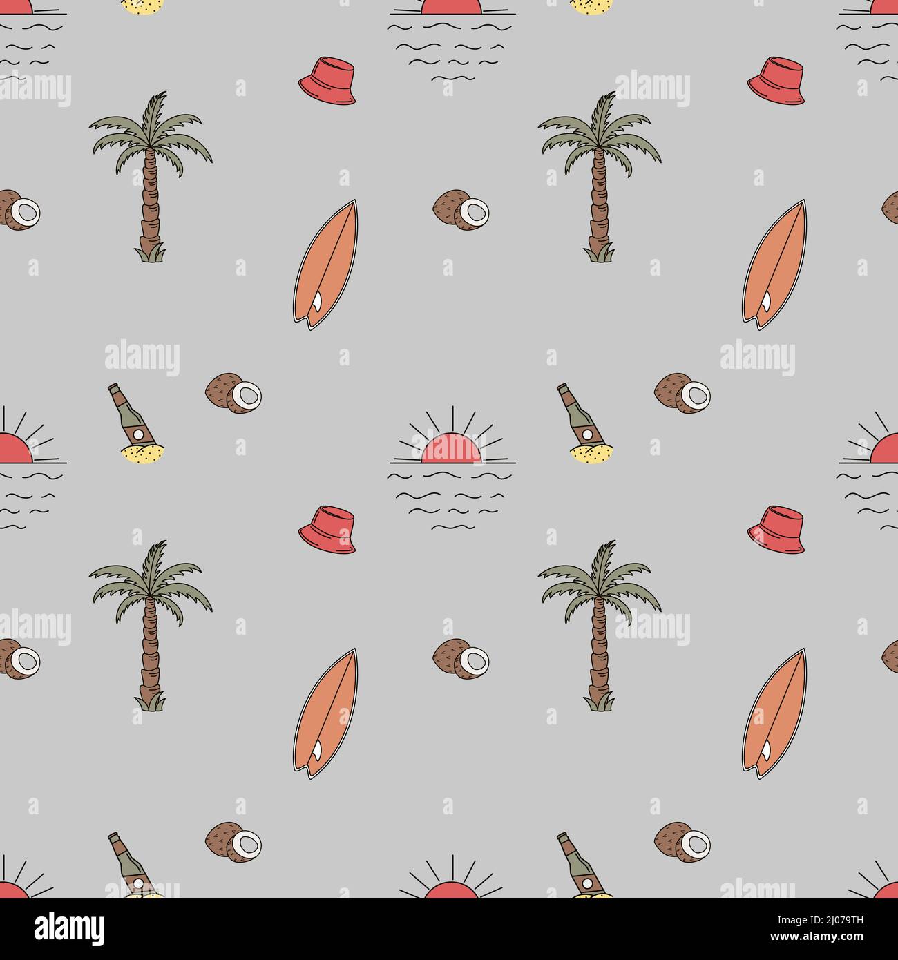 Hand drawn vector seamless pattern. Surfboards, hats, palm trees and coconuts. Stock Vector