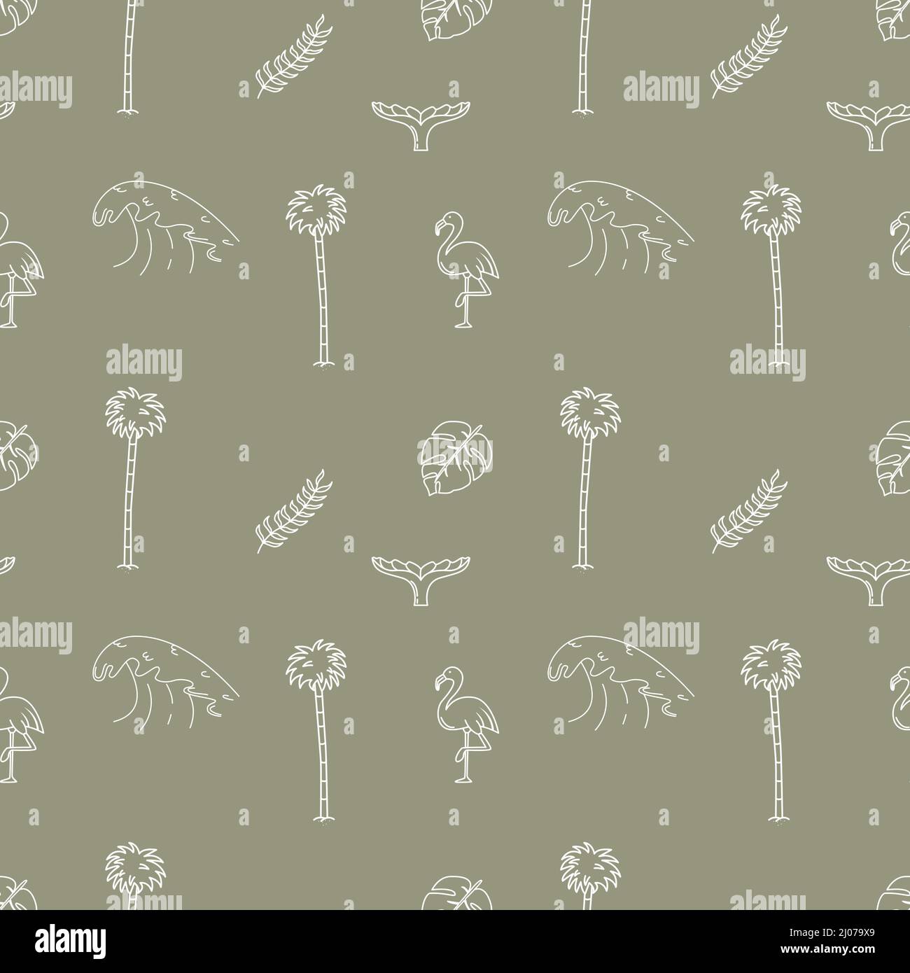 Hand drawn vector seamless pattern. Waves, palm trees, leaves and ...