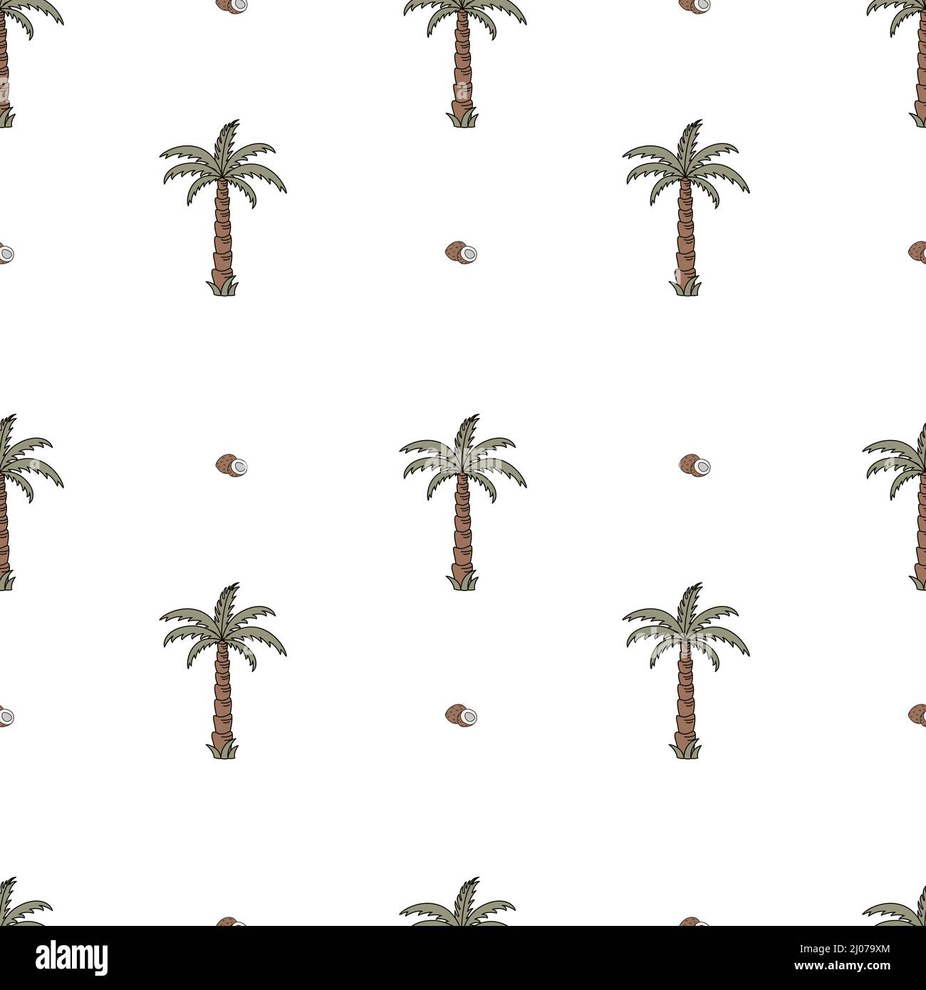 Hand-drawn vector seamless pattern with palm trees and coconuts. Stock Vector