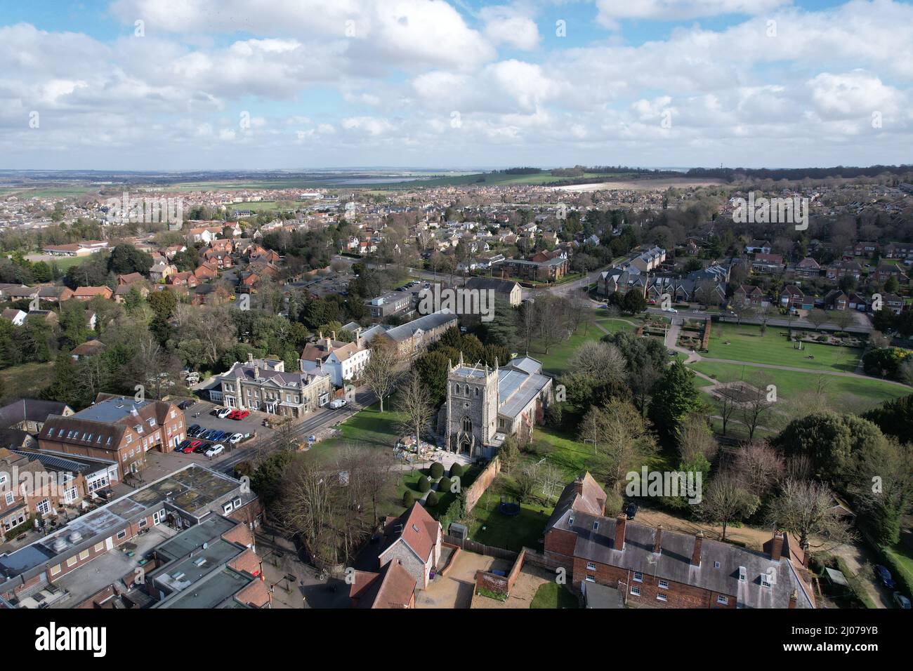 Royston town  Hertfordshire, UK Aerial drone Stock Photo