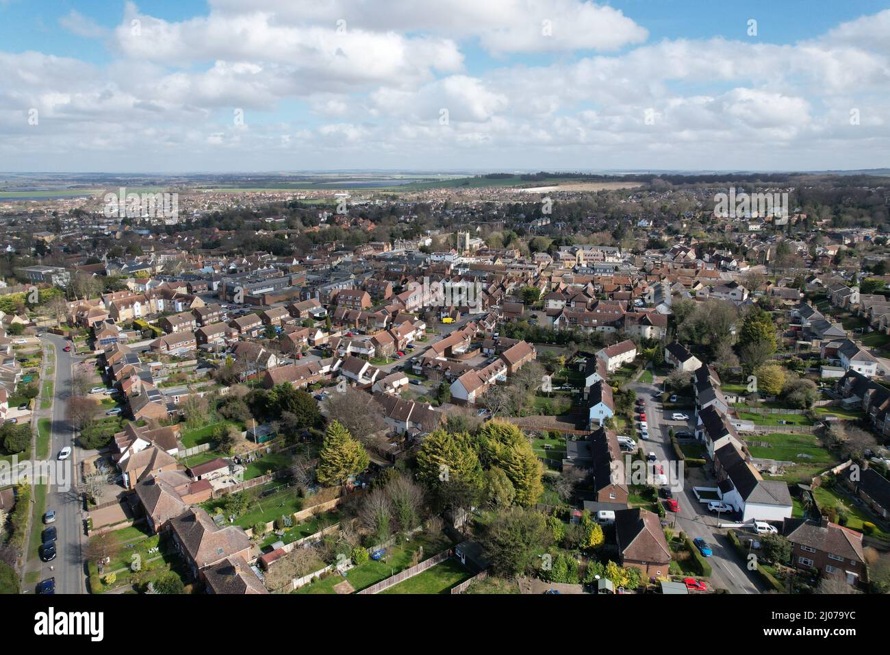 Royston town  Hertfordshire, UK Aerial drone Stock Photo