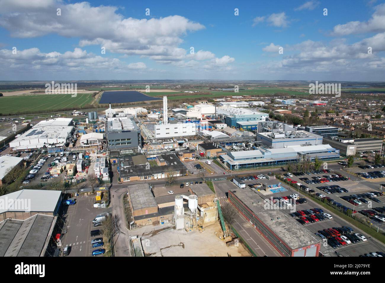 Orchard road trading industrial park trading estate Royston Hertfordshire, UK Aerial drone Stock Photo