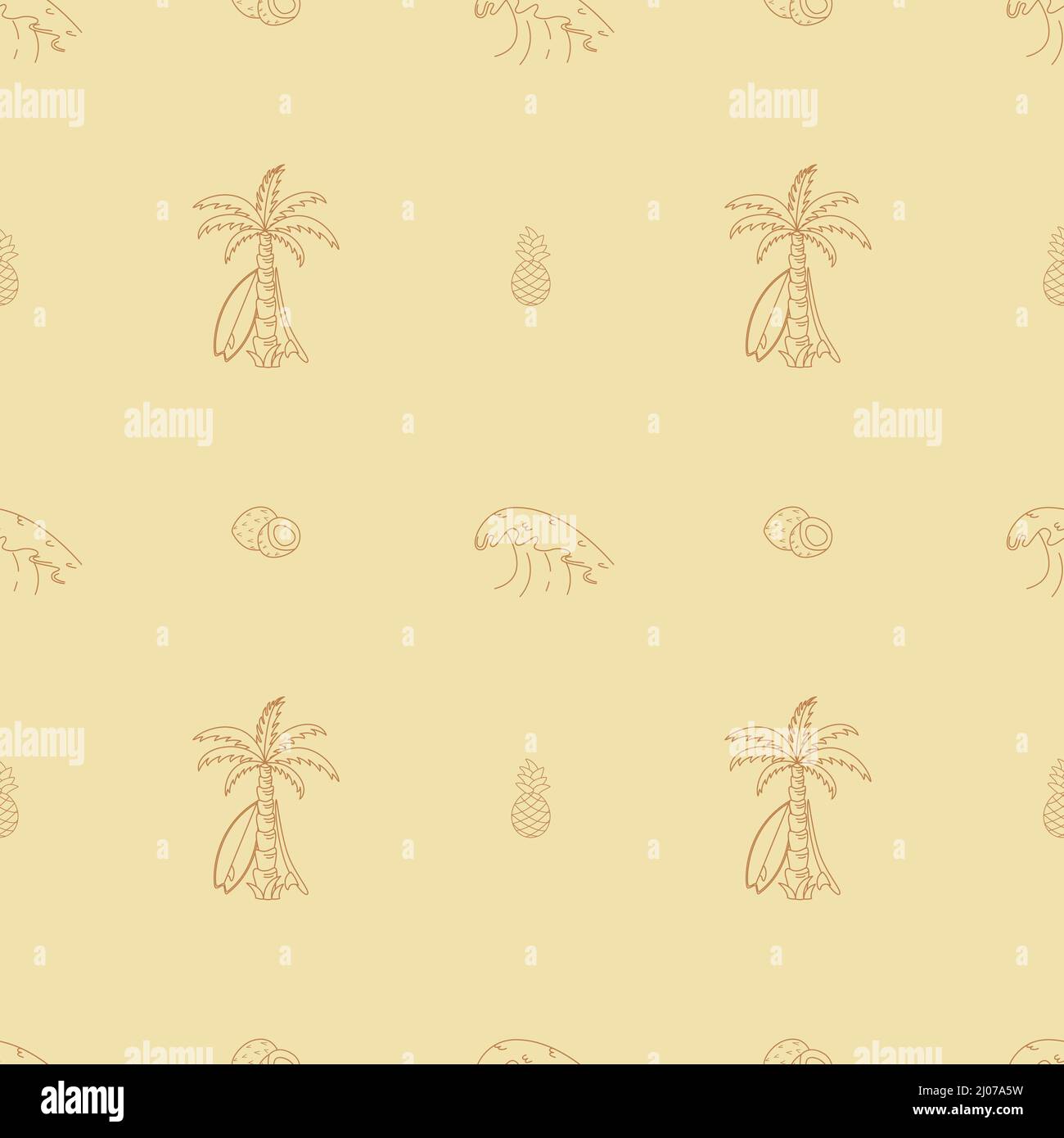 Hand drawn vector seamless pattern. Surfboards, waves, palm trees and coconuts. Stock Vector