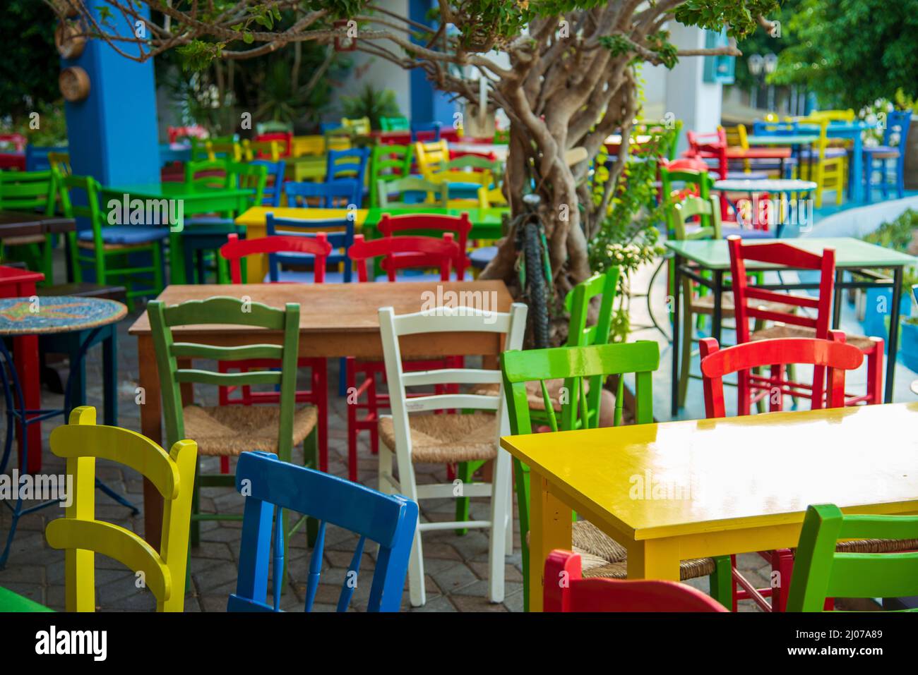 Colourful Chairs in Greek Restaurant Stock Photo Alamy