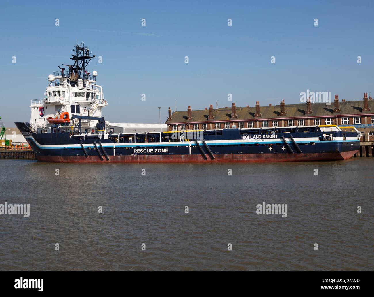 Highland Knight offshore supply tug ship, River Yare quayside, Great