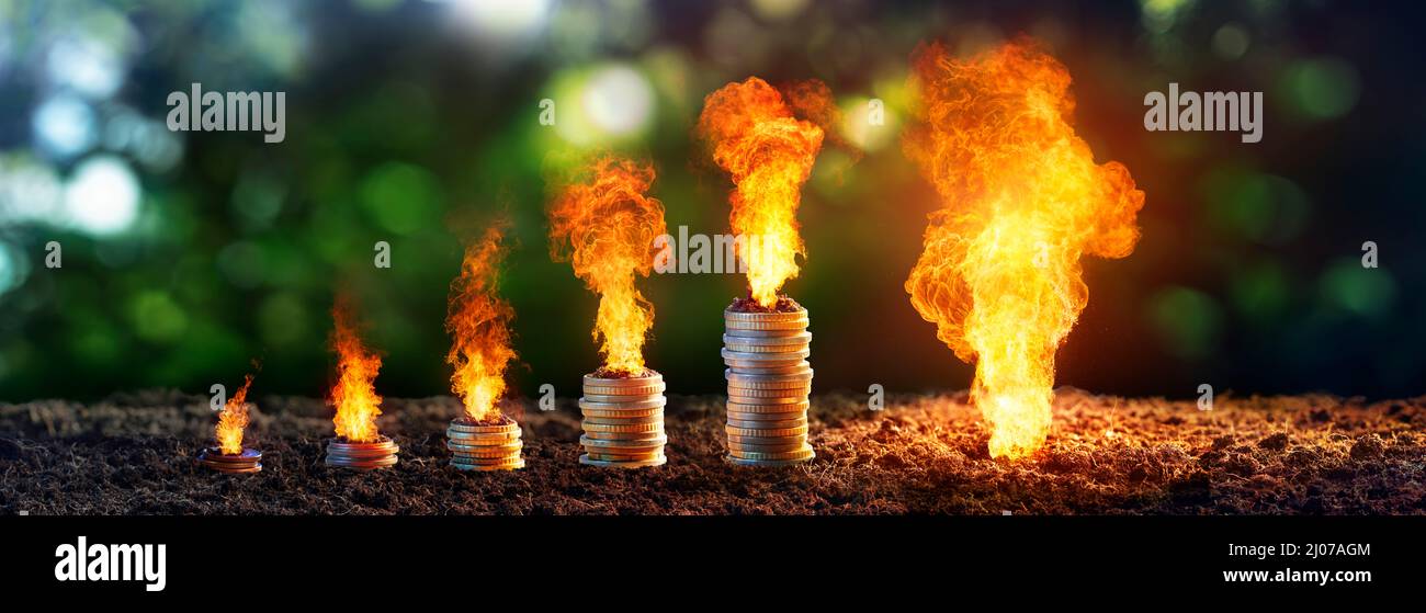 Gas Crisis - Expensive Energy Concept - Coins And Natural Propane Stock Photo