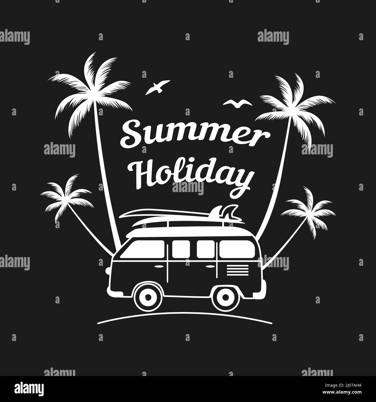 Badge with palm trees, SUMMER HOLIDAY lettering and a surfing car. Outline vector illustration for t-shirt prints, posters and other uses. Stock Vector