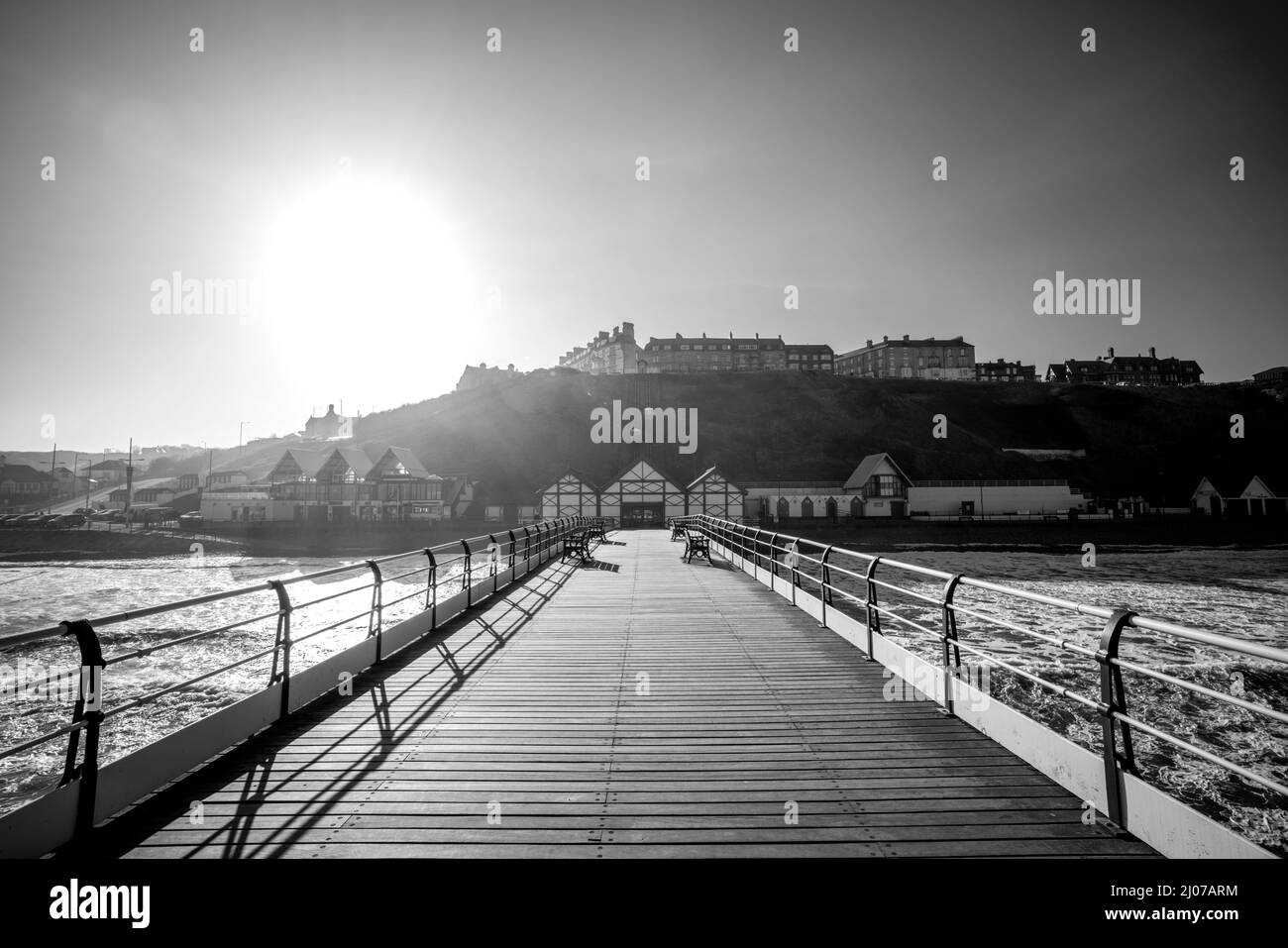 Black and White photo of Saltburn Pier in Saltburn by the Sea, North Yorkshire, England Stock Photo