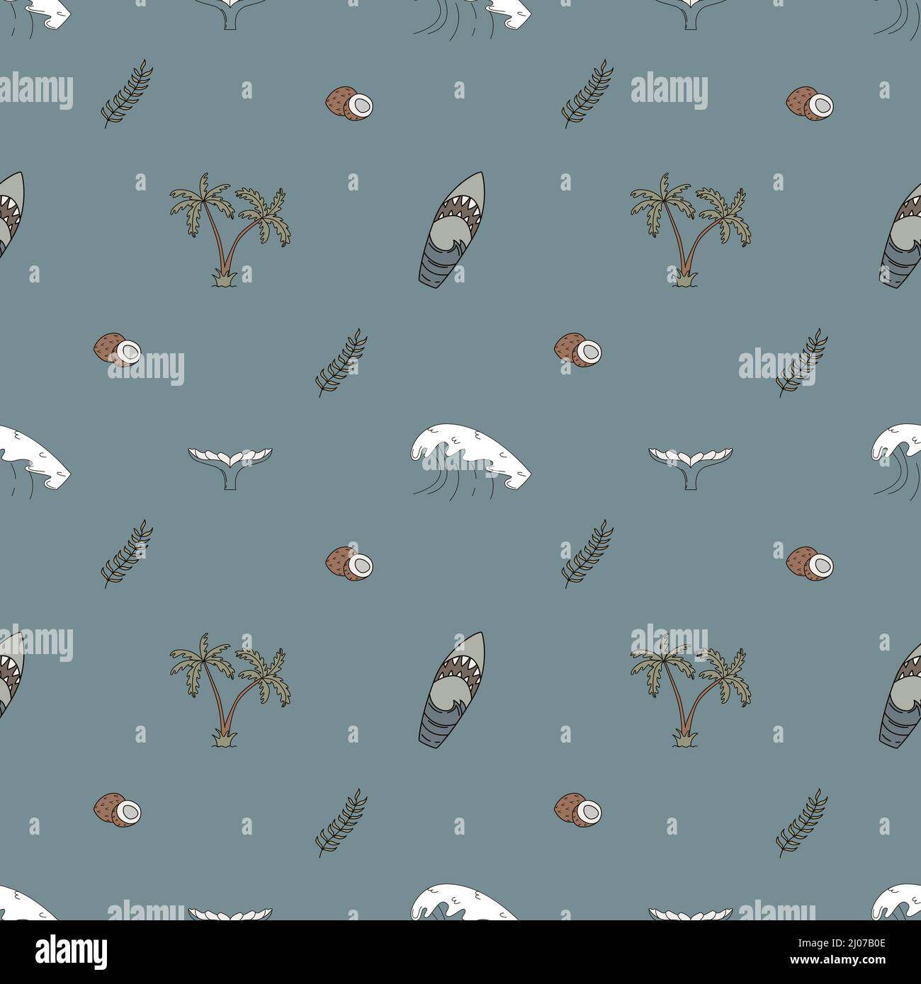 Hand drawn vector seamless pattern. Surfboards, waves, palm trees and coconuts. Stock Vector