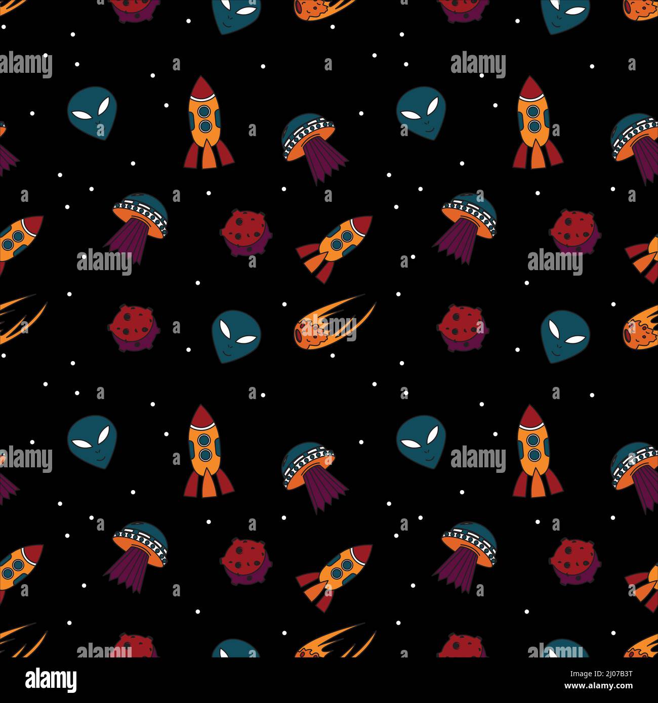 Hand drawn space elements seamless pattern. Vector flat illustrations for t-shirt prints, posters and other uses. Stock Vector