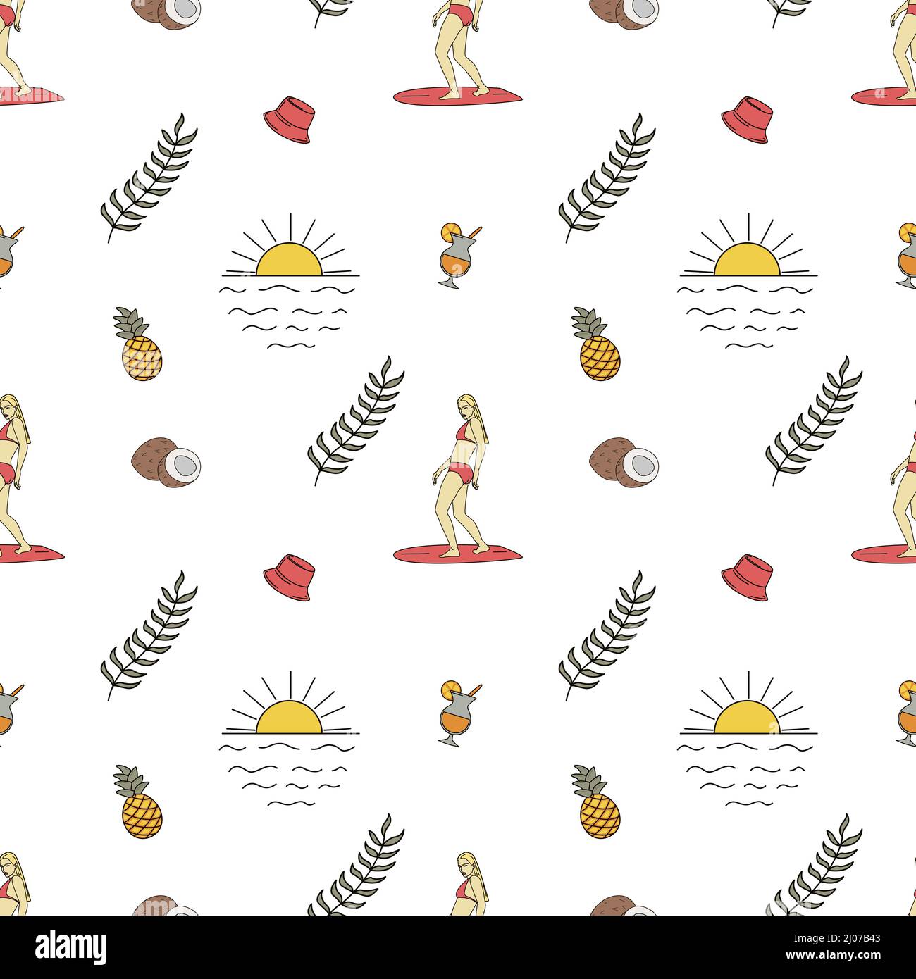Hand drawn vector seamless pattern. Surfer woman, sun, coconuts and leaves. Stock Vector