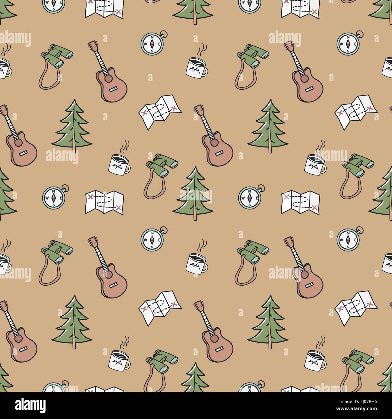 Camping elements, seamless pattern. Guitars, Christmas trees, binoculars and others. Flat vector illustration, for t-shirt prints, posters and other u Stock Vector