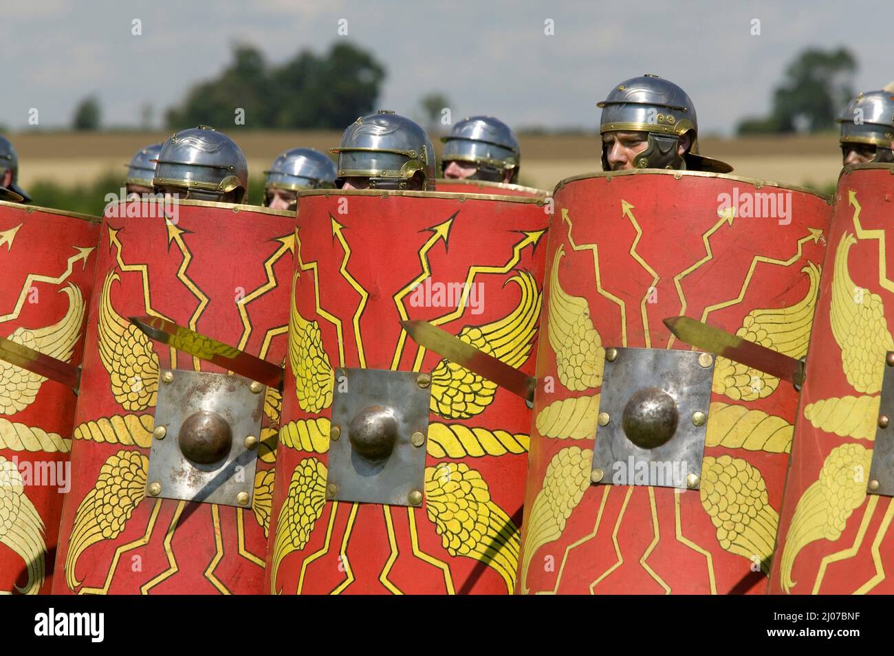 Roman Legionaries in a battle reenactment . Stock Photo