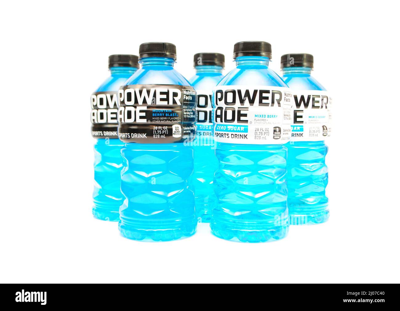 Mountain Blast flavor Isolated Over White. Powerade replenishes vitamins and electrolytes lost during physical activities. Powerade is a division of C Stock Photo
