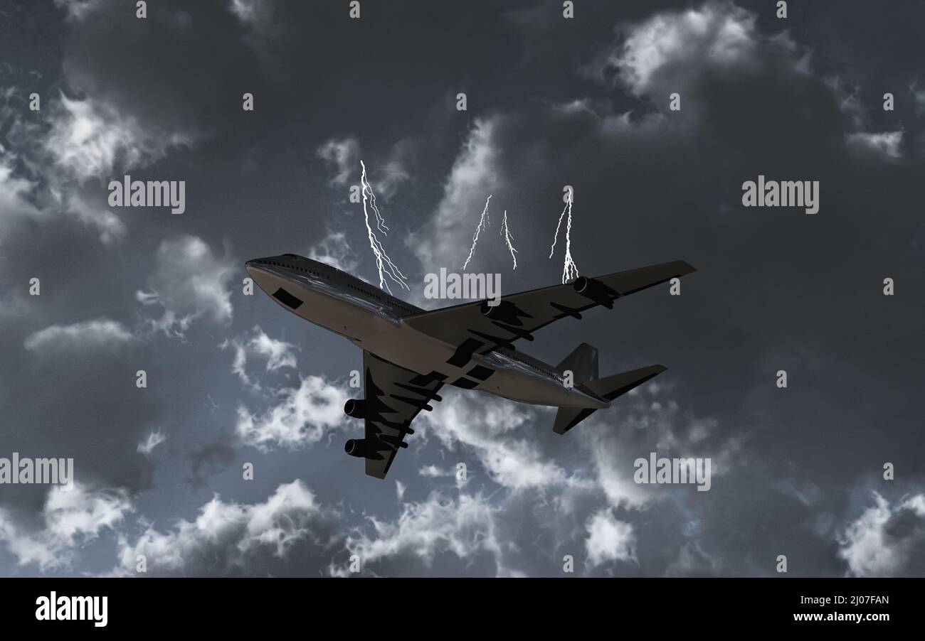 A Jet Flying Through A Lightening Storm Stock Photo