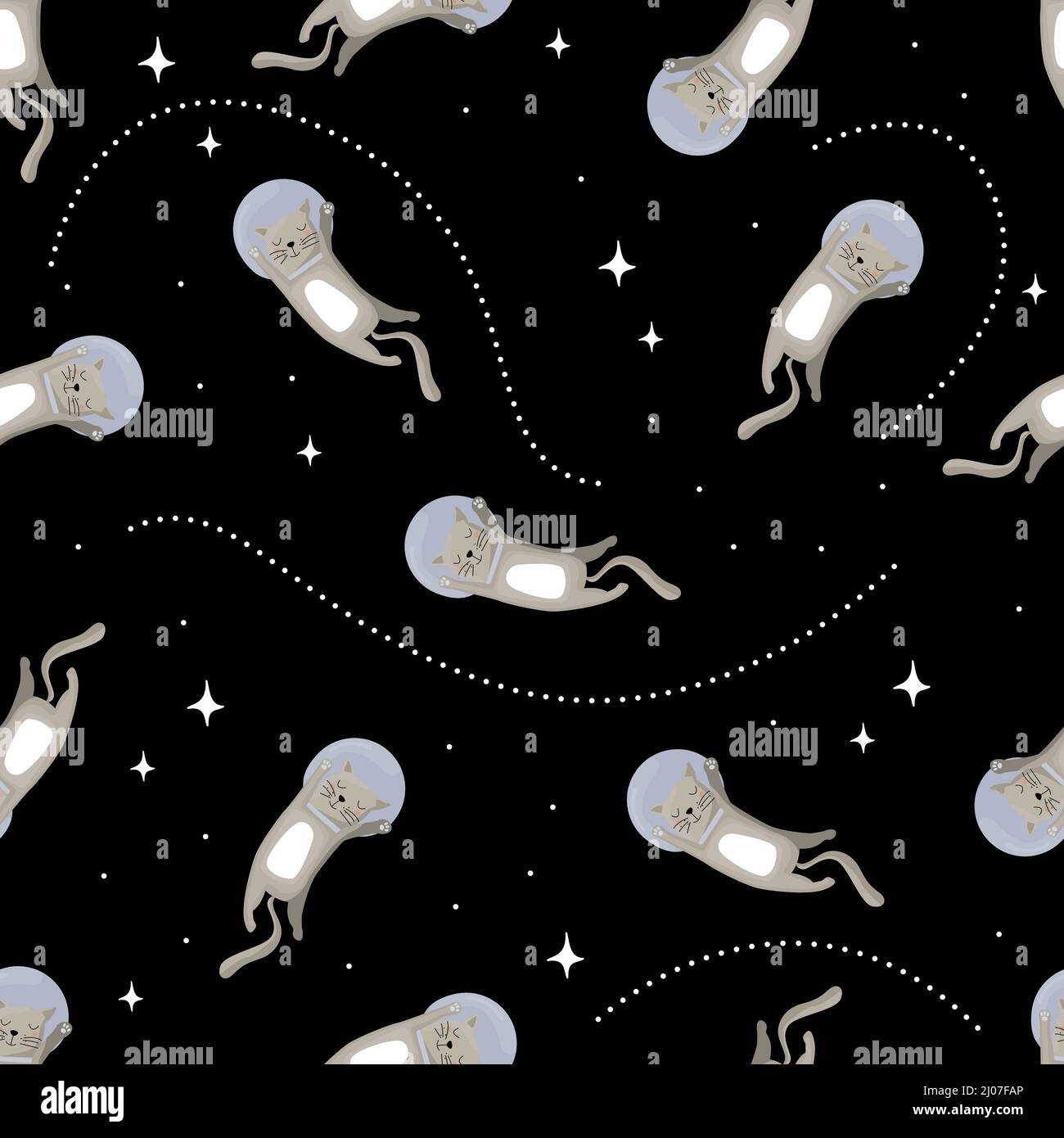 Doodle seamless pattern with cats in space. Cute flat vector illustration. Stock Vector