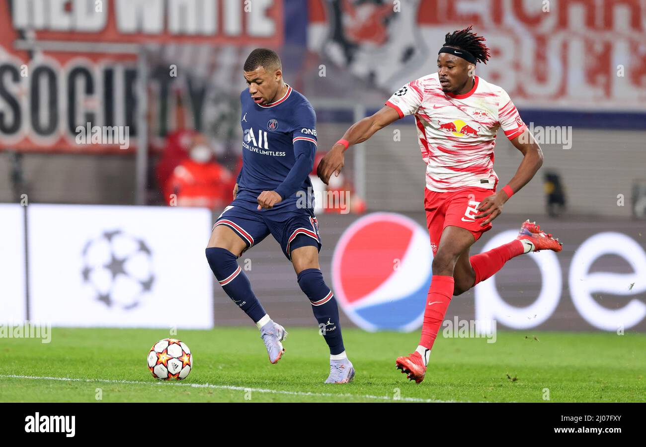 Kylian Mbappe Of Paris Saint Germain Mohamed Simakan Of RB Leipzig ...