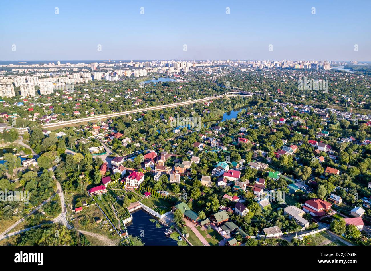 Aerial view of houses at Dnieper riverside in Kiev, Ukraine Stock Photo