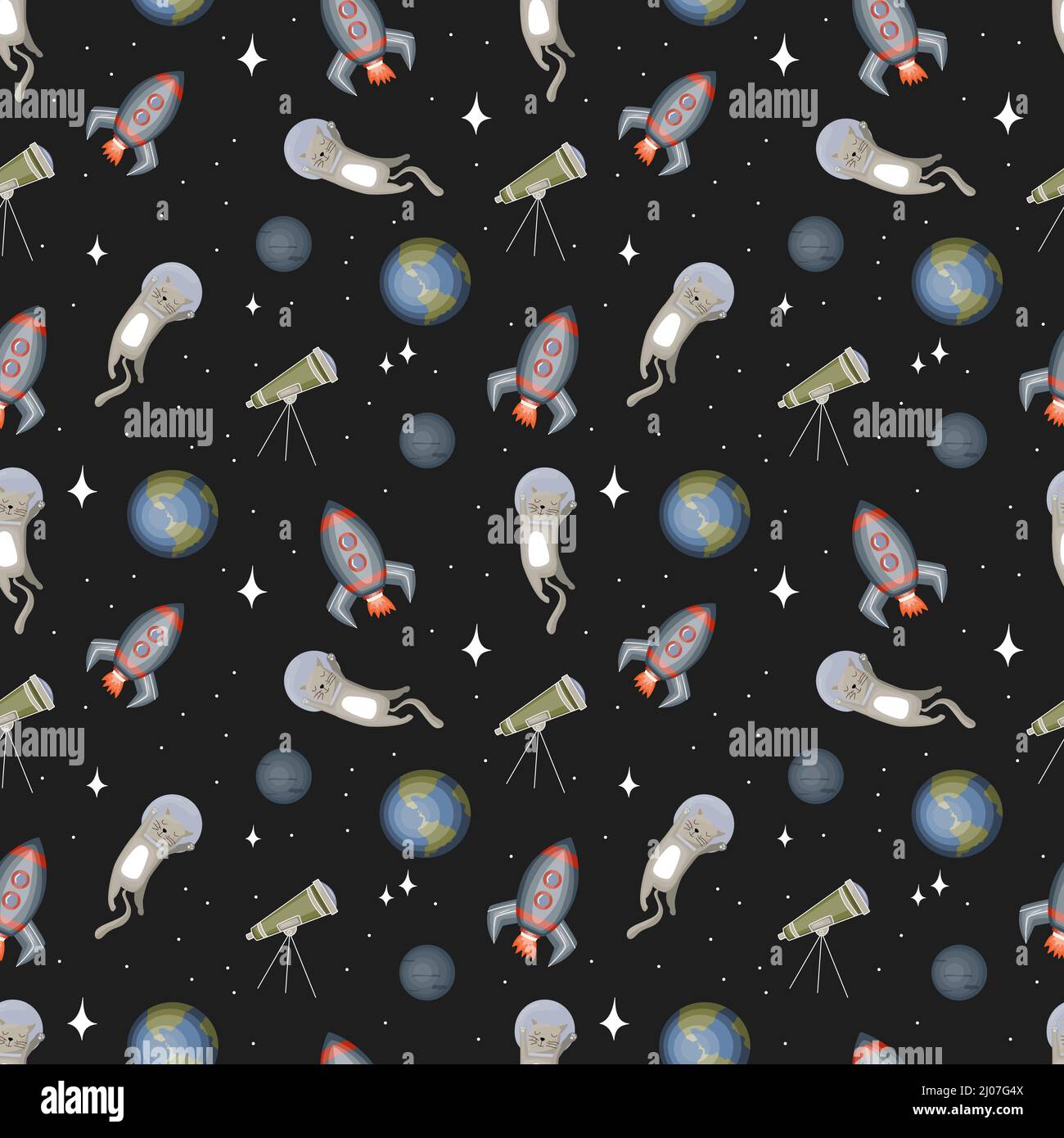 Doodle seamless pattern with space theme. Planets, stars, rockets on a ...
