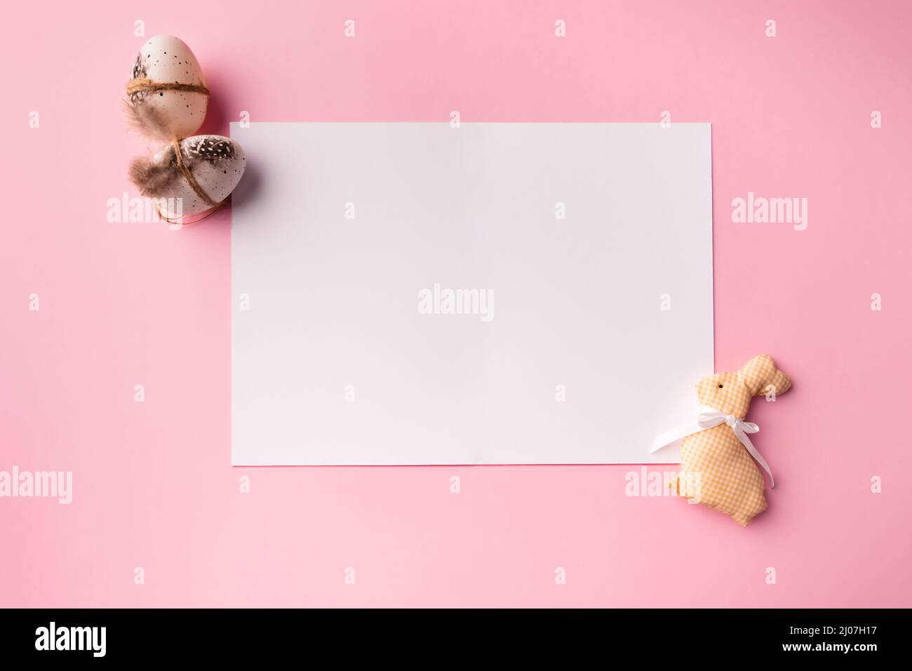 Holiday Mockup, Easter Mockup with decorative rabbit and eggs Stock Photo