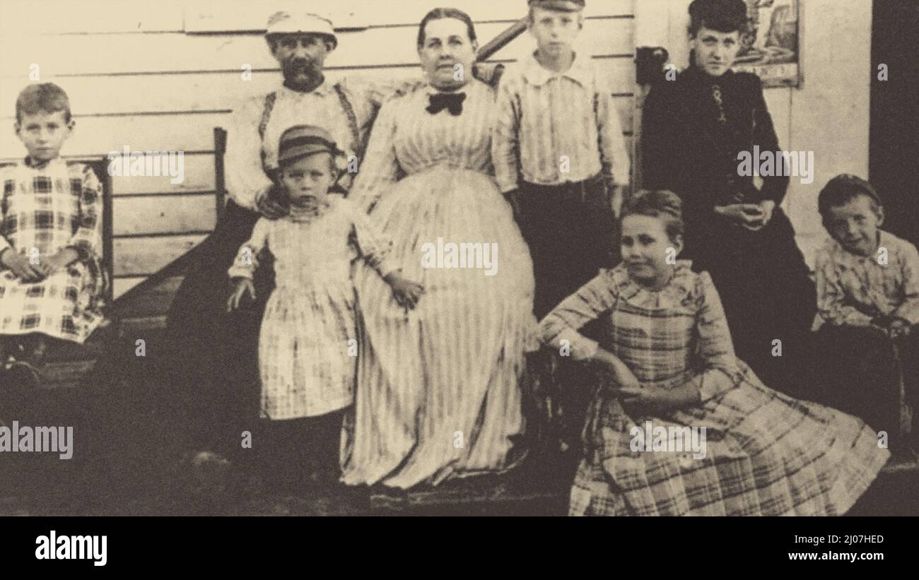 The Tesla family: father Milutin, mother Duka, brother Dane and sisters Milka, Angelina and Marica. Nicola on the far left. Museum: PRIVATE COLLECTION. Author: ANONYMOUS. Stock Photo