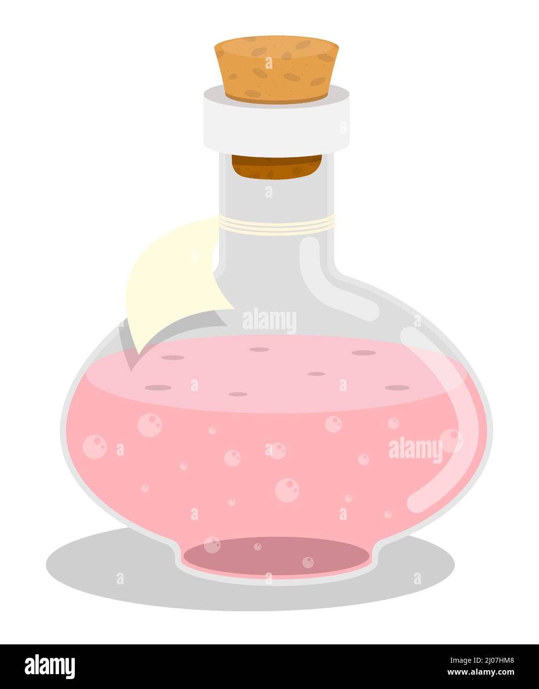 Glass bottle, test tube with cork with pink liquid inside. Love spell