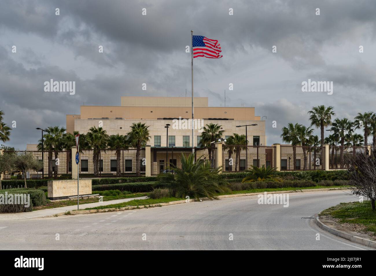 Attard, Malta March 16th 2022 The US flag flying over the Embassy of