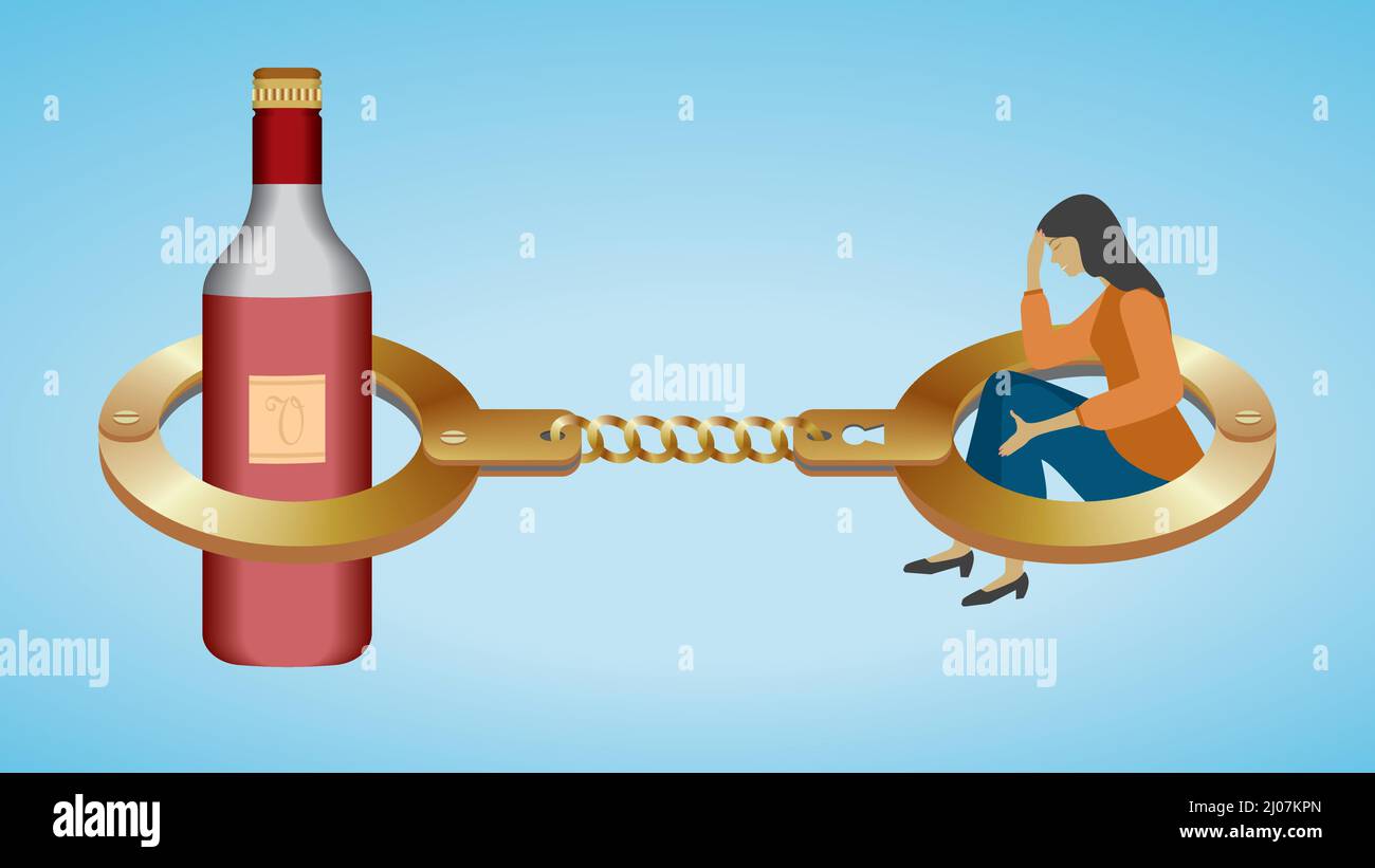 Woman trapped with handcuffs to wine bottle. Alcohol abuse. Dimension 16:9. Vector illustration. Stock Vector