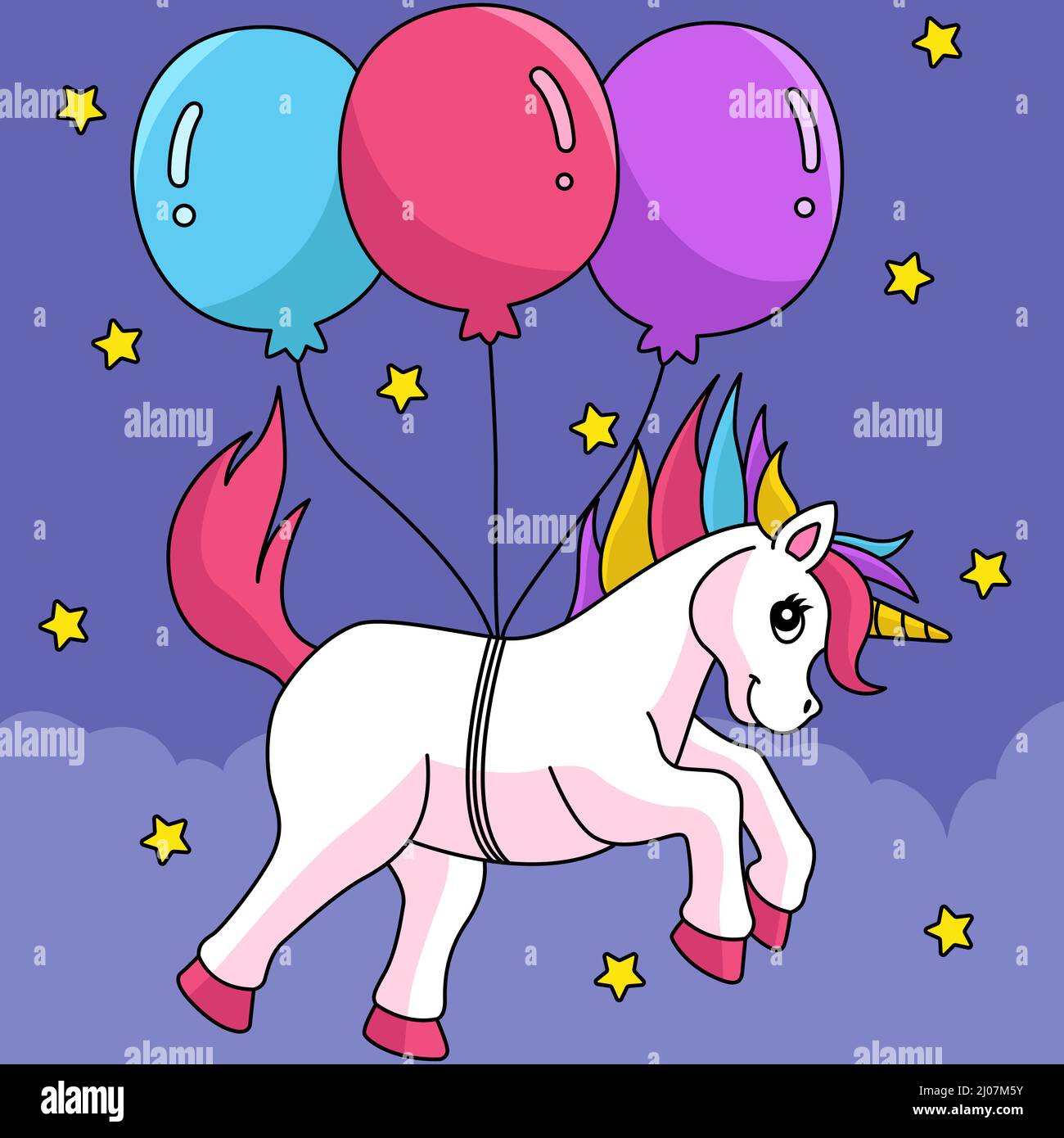 Unicorn Floating With The Balloons Colored  Stock Vector