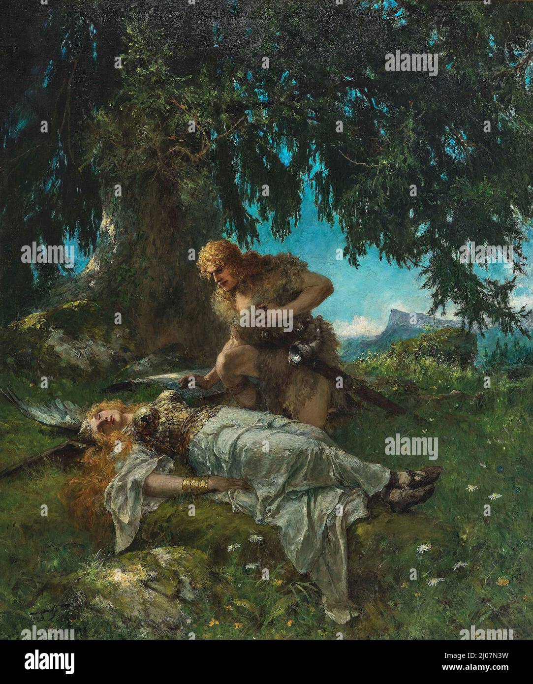 Siegfried finds the sleeping Brünnhilde. Museum: PRIVATE COLLECTION. Author: FERDINAND LEEKE. Stock Photo