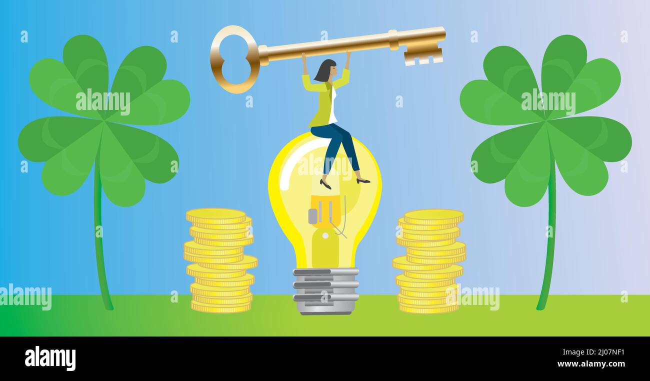 Lucky woman. Girl sitting on light bulb with money and lucky clover in surronding. Vector illustration. Dimension 16:9. Stock Vector