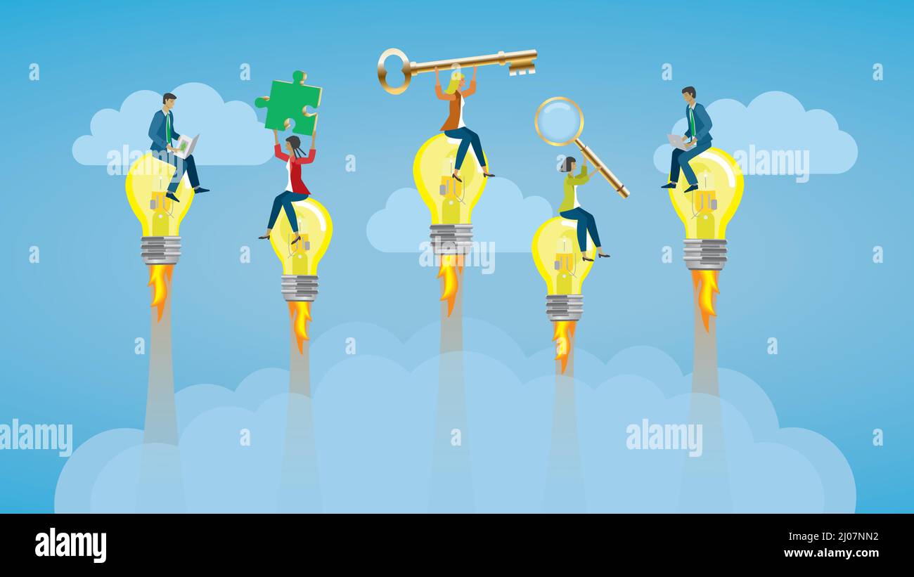 Professional People with different competense flying on light bulb rockets. Brainstorming. Dimension 16:9. Vector illustration. Stock Vector