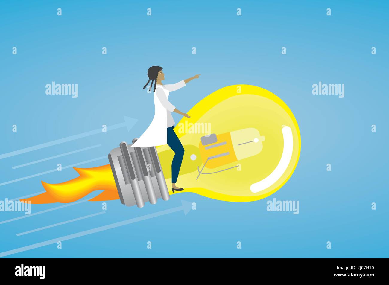 Flying on light bulb rocket. Woman pointing, direction. Vector illustration. Dimension 16:9. Stock Vector