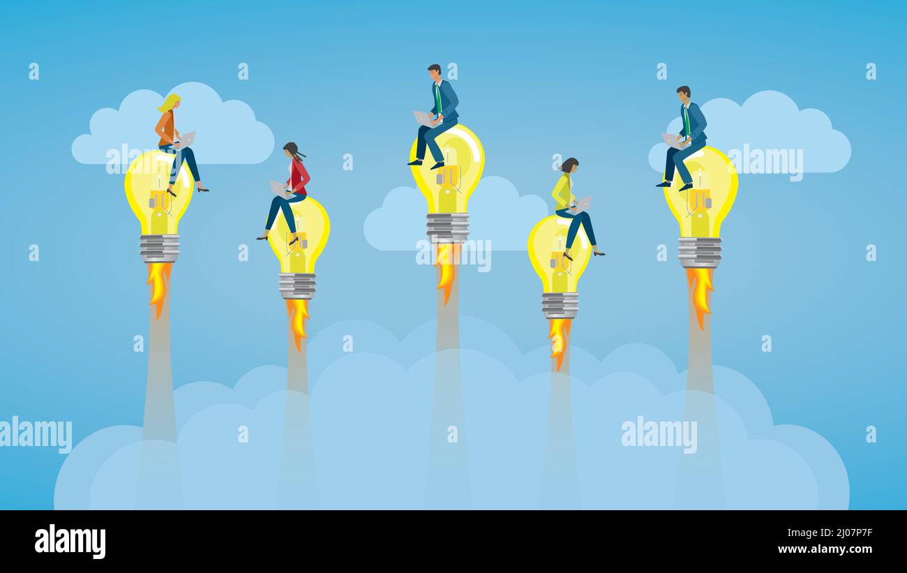 Businesspeople flying on light bulb rockets. Dimension 169. Vector