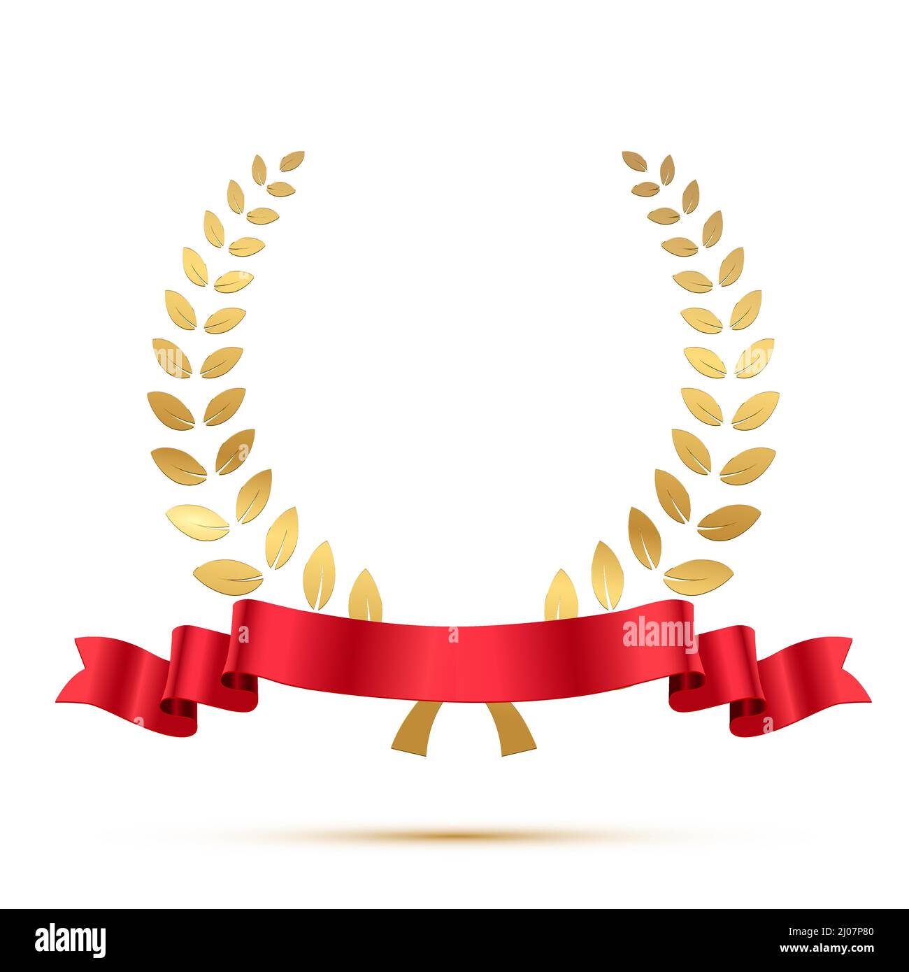 Gold laurel wreath with red ribbon vector illustration. 3d golden award