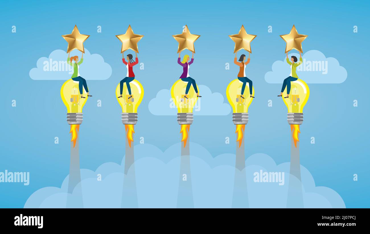 Businesswomen flying on light bulb rockets with five stars. Vector illustration. Dimension 16:9. Stock Vector