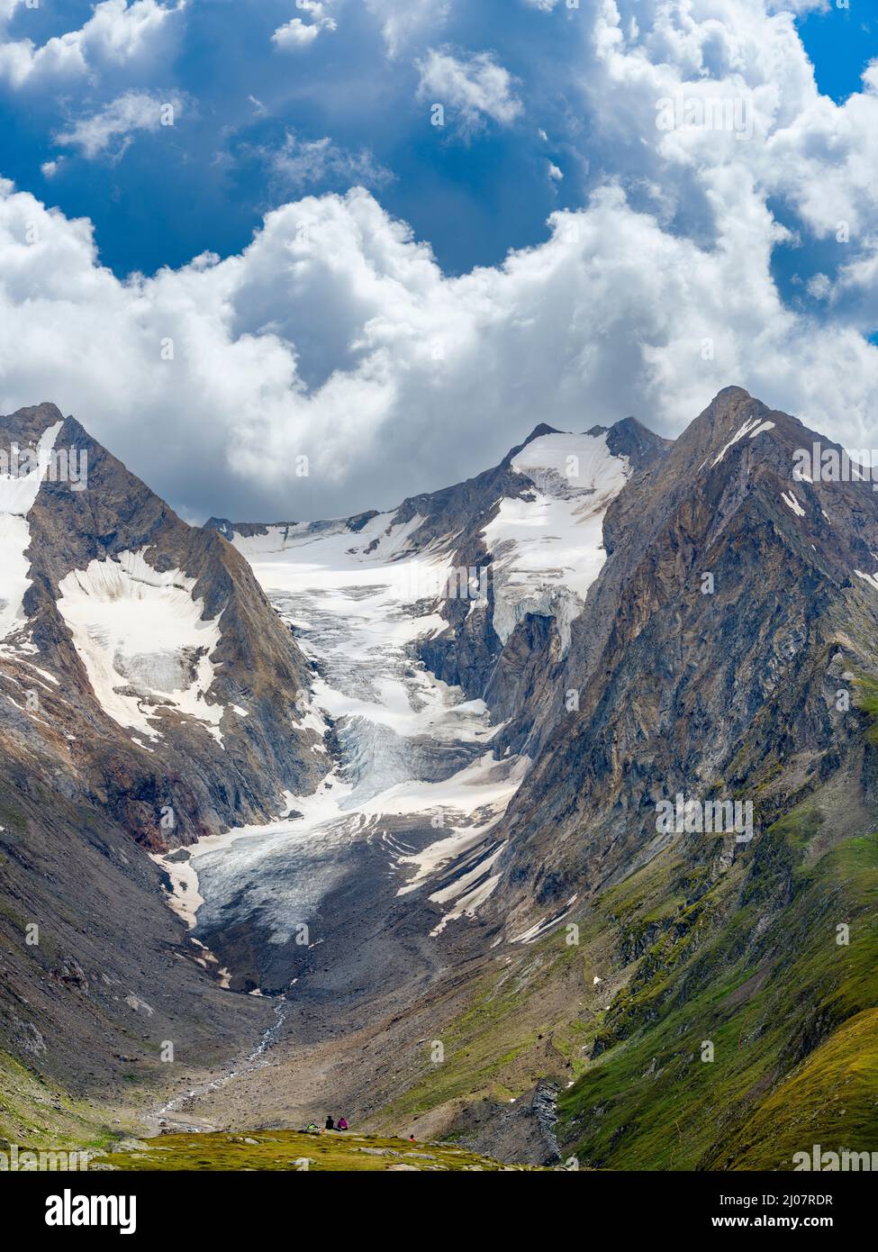 Valley Gaisbergtal, Mt. Hochfirst and Mt. Lieberkogel seen from Mt. Hohe Mut. Oetztal Alps in the nature park Oetztal near village Obergurgl. Europe, Stock Photo