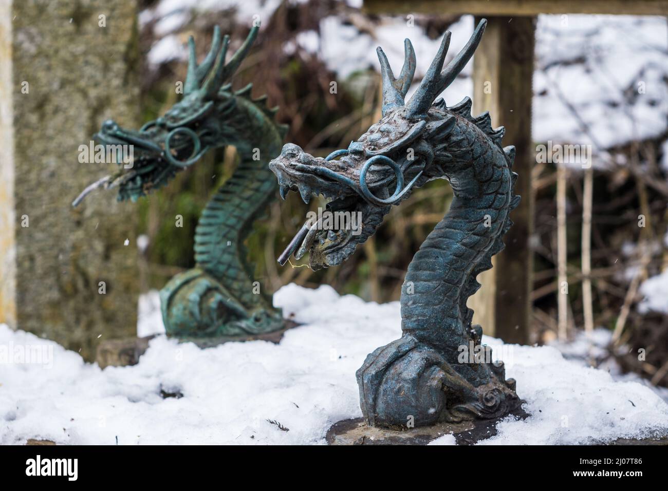 Close up detail of a metal dragon statue in the snow at a Japanese temple in Kyoto in winter Stock Photo