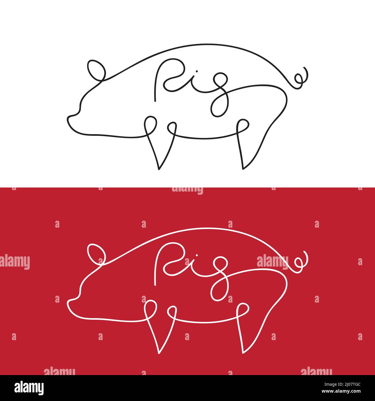 Vector of line design silhouette of pig on white background and red background. Farm Animals. Easy editable layered vector illustration. Stock Vector